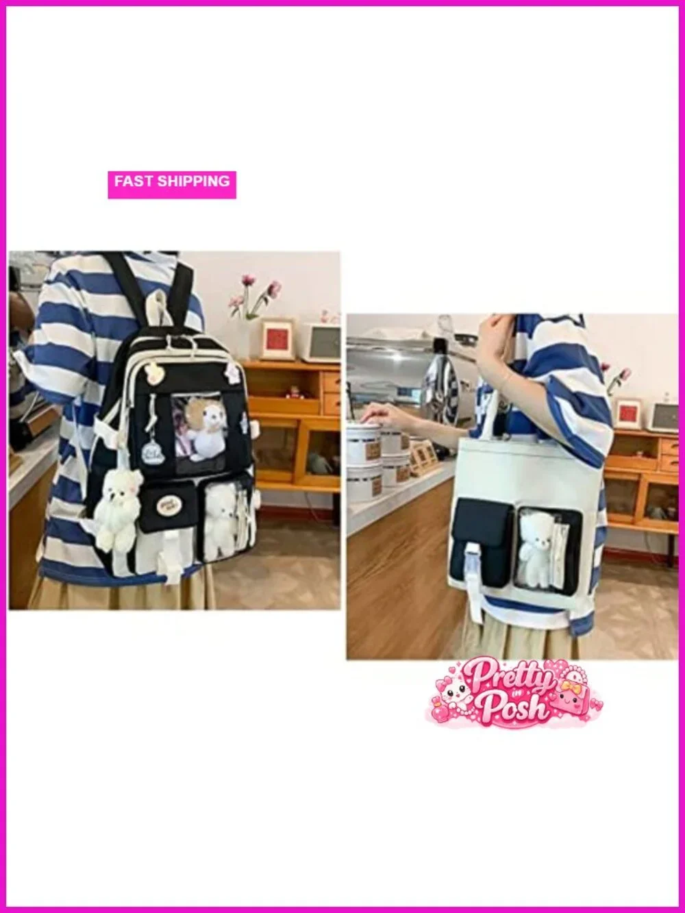 5pcs Kawaii Backpack Set with Shoulder Bag, Pencil Box, Tote Bag, Small Bag